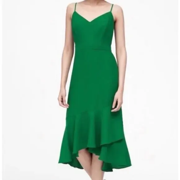 Banana Republic Kelly Green sleeveless flounce hem midi dress size 12 TALL - Picture 1 of 8